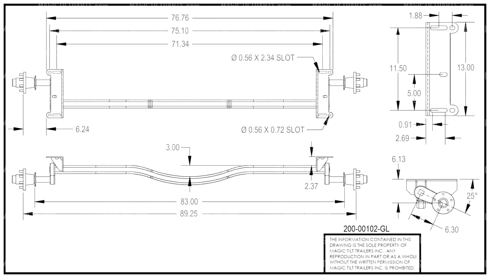 200-00102 ~ TORSION AXLE 2-1/2" "V" 89-1/4T 74-1/2FW 3.75K W/HUBS KNOTT (KARAVAN)