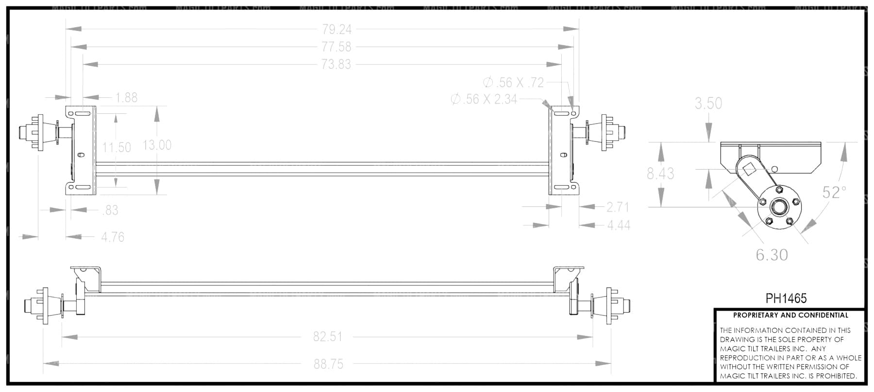 PH1465 ~ TORSION AXLE 2-1/2" STRAIGHT 88-3/4T 77FW 3.8K W/ HUBS KNOTT (KARAVAN 200-200059-GL)